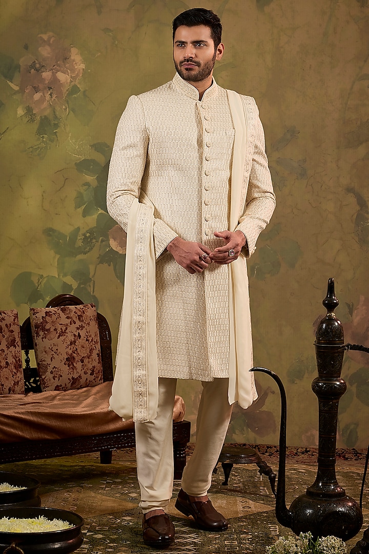 Pearl-Toned Silk Embroidered Wedding Sherwani Set by Vanshik at Pernia's Pop Up Shop