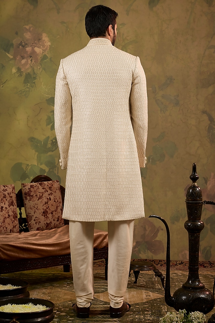 Pearl-Toned Silk Embroidered Wedding Sherwani Set by Vanshik at Pernia's Pop Up Shop