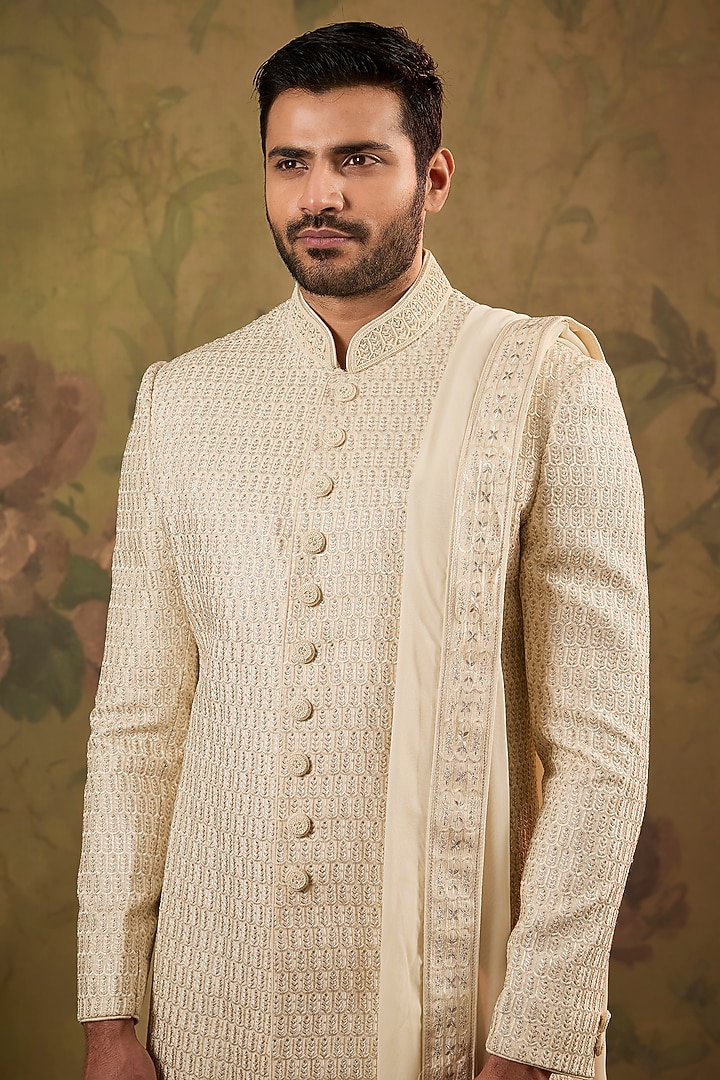 Pearl-Toned Silk Embroidered Wedding Sherwani Set by Vanshik at Pernia's Pop Up Shop