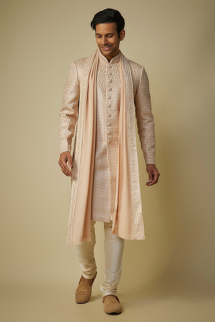 Beige Silk Embroidered Wedding Sherwani Set by Vanshik at Pernia's Pop Up Shop