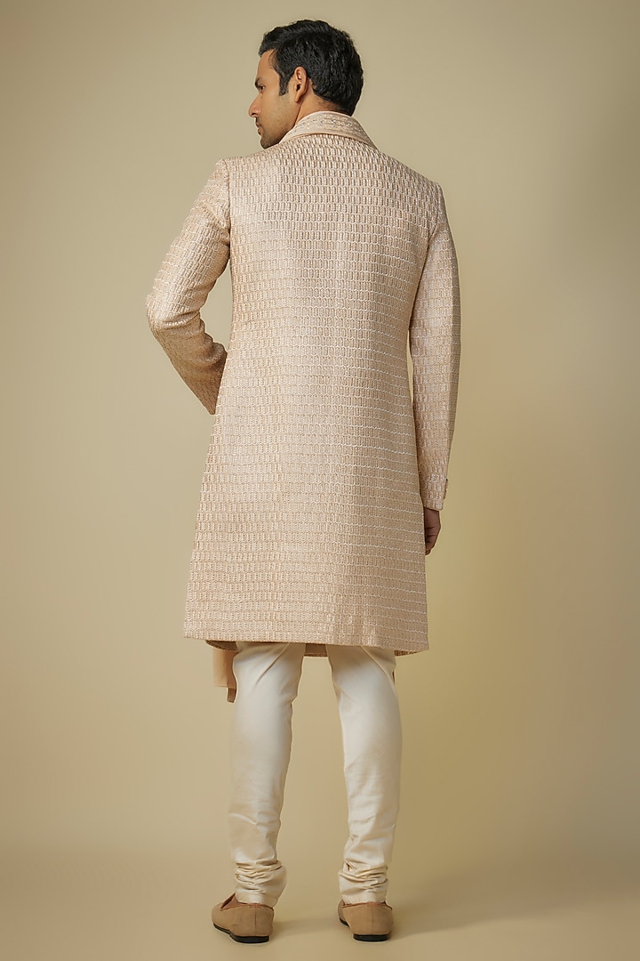 Beige Silk Embroidered Wedding Sherwani Set by Vanshik at Pernia's Pop Up Shop