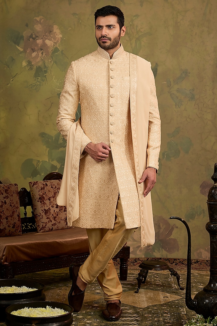 Gold Silk Embroidered Wedding Sherwani Set by Vanshik at Pernia's Pop Up Shop