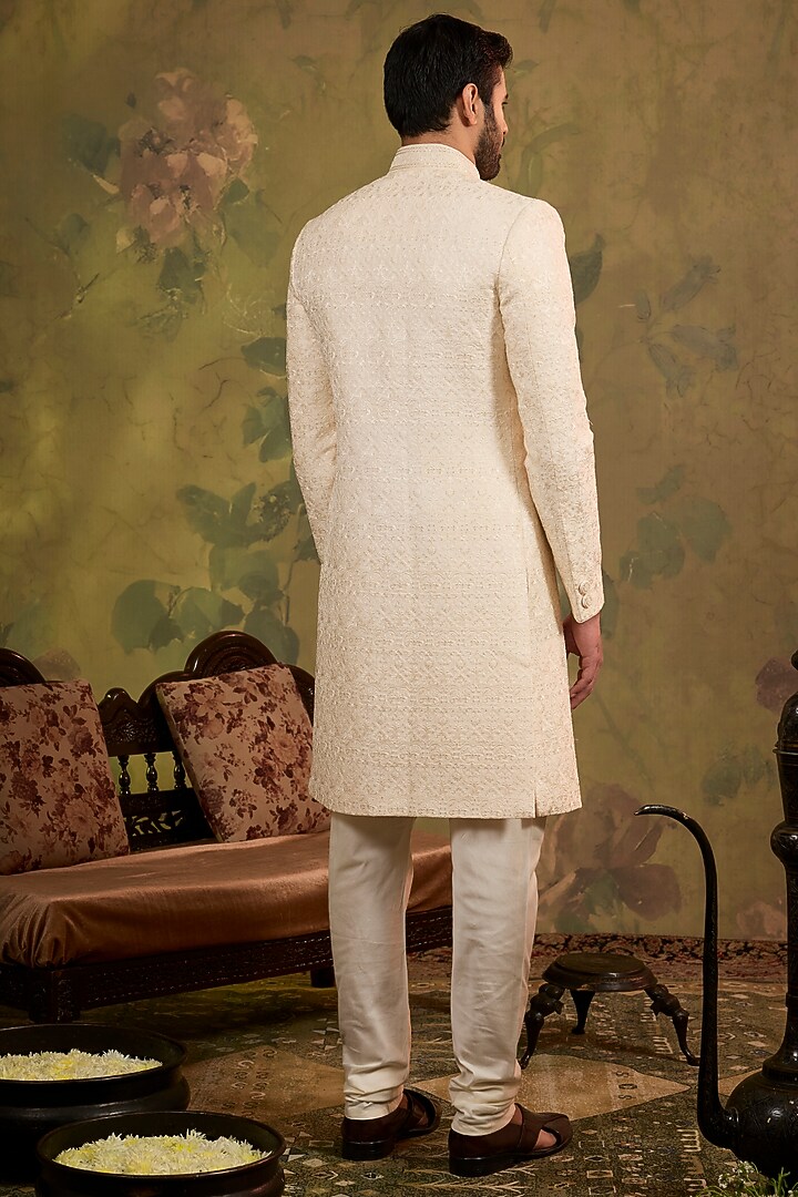 Pearl-Toned Silk Sequins Embroidered Wedding Sherwani Set by Vanshik at Pernia's Pop Up Shop