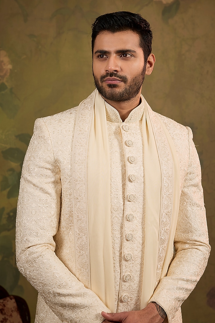 Pearl-Toned Silk Sequins Embroidered Wedding Sherwani Set by Vanshik at Pernia's Pop Up Shop