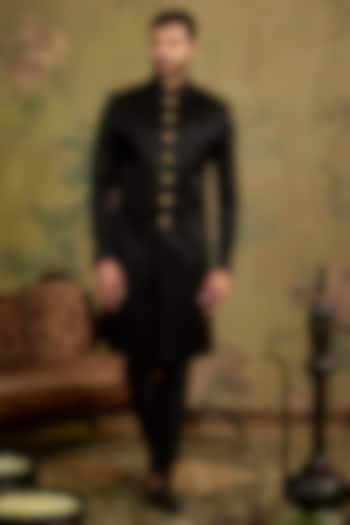 Black Satin Suede Embroidered Sherwani Set by Vanshik