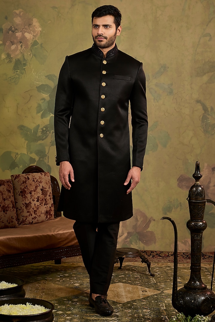 Black Satin Suede Embroidered Sherwani Set by Vanshik