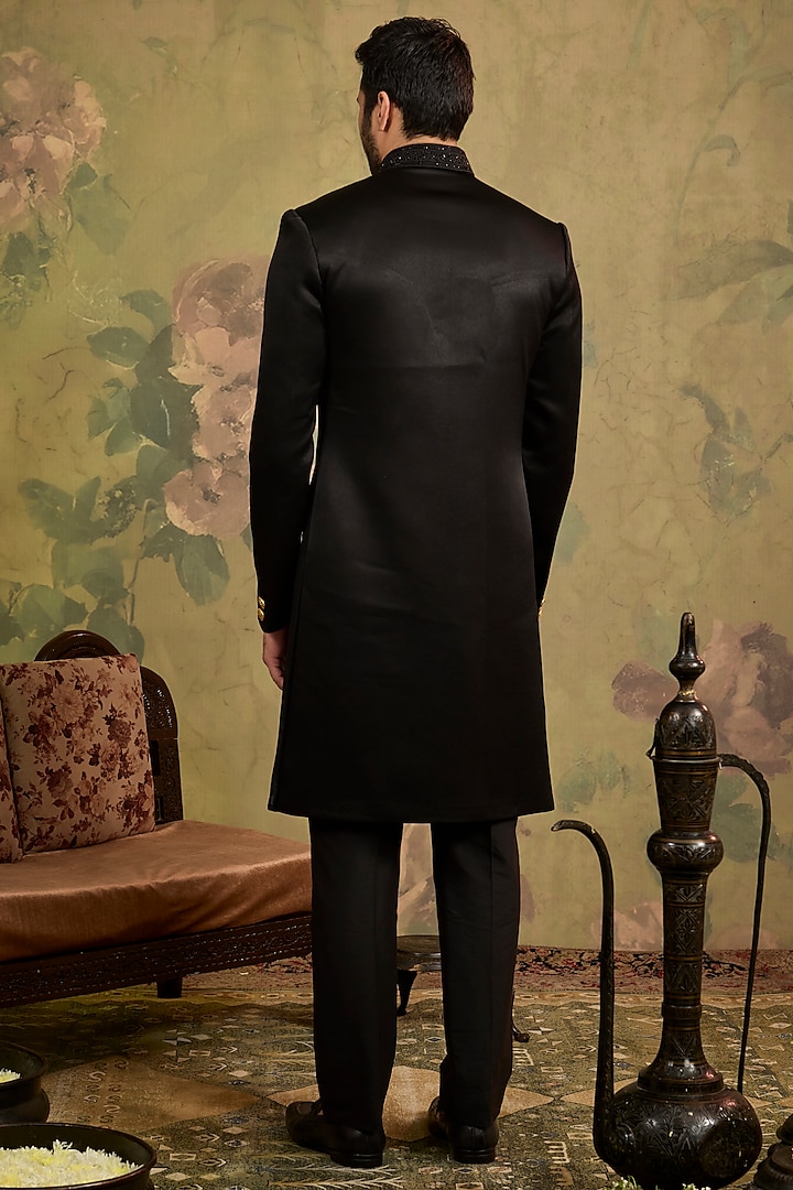 Black Satin Suede Embroidered Wedding Sherwani Set by Vanshik at Pernia's Pop Up Shop