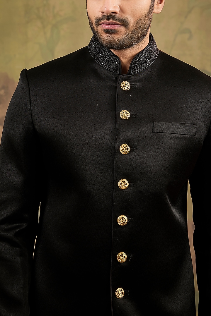 Black Satin Suede Embroidered Wedding Sherwani Set by Vanshik at Pernia's Pop Up Shop