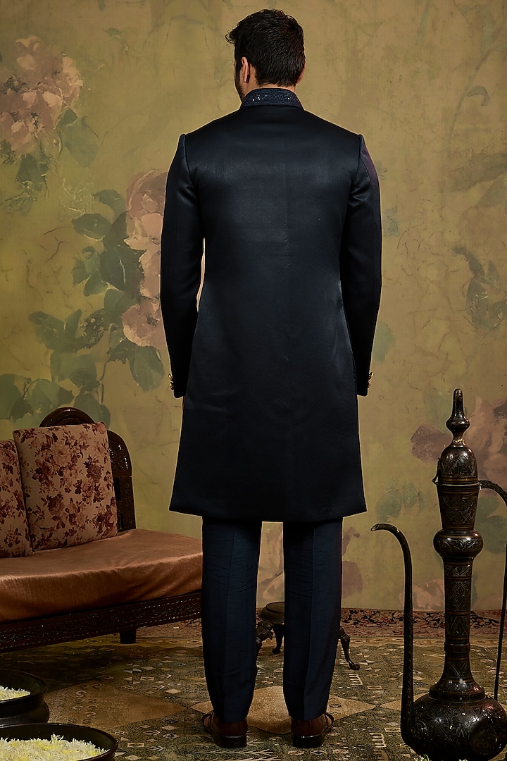 Blue Satin Suede Embroidered Wedding Sherwani Set by Vanshik at Pernia's Pop Up Shop
