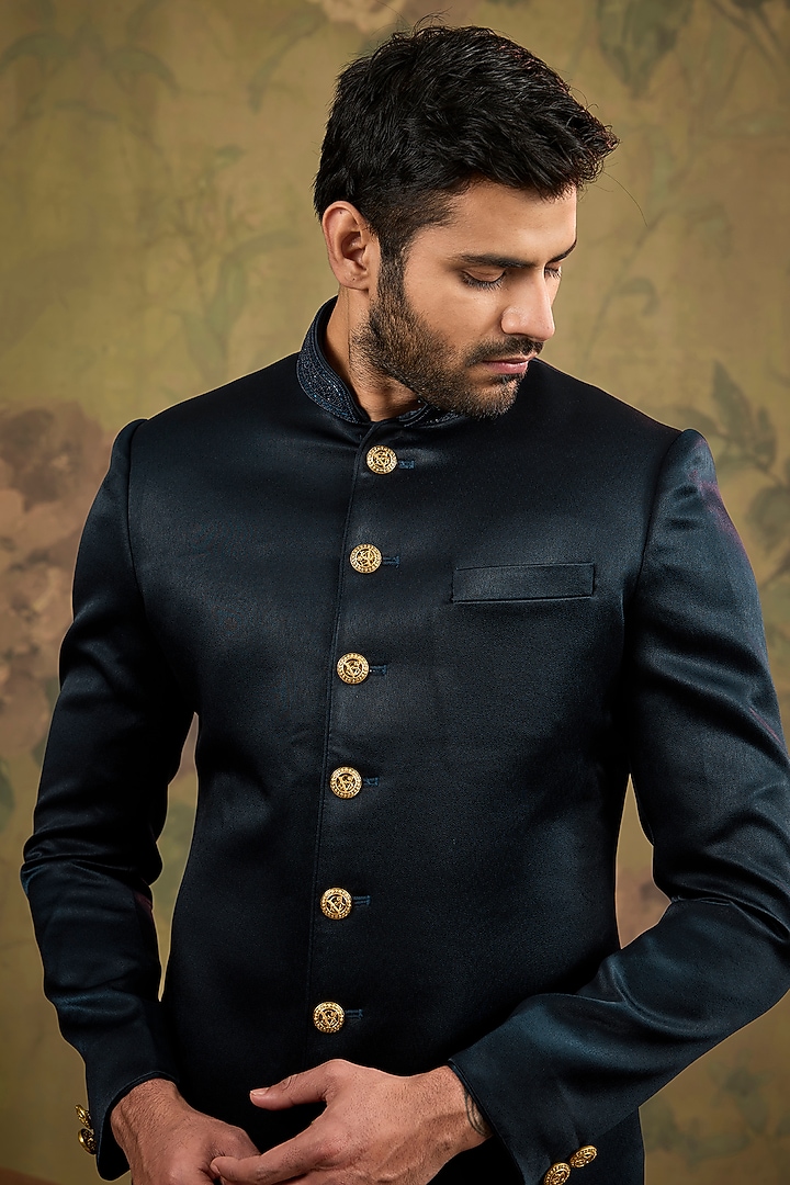 Blue Satin Suede Embroidered Wedding Sherwani Set by Vanshik at Pernia's Pop Up Shop