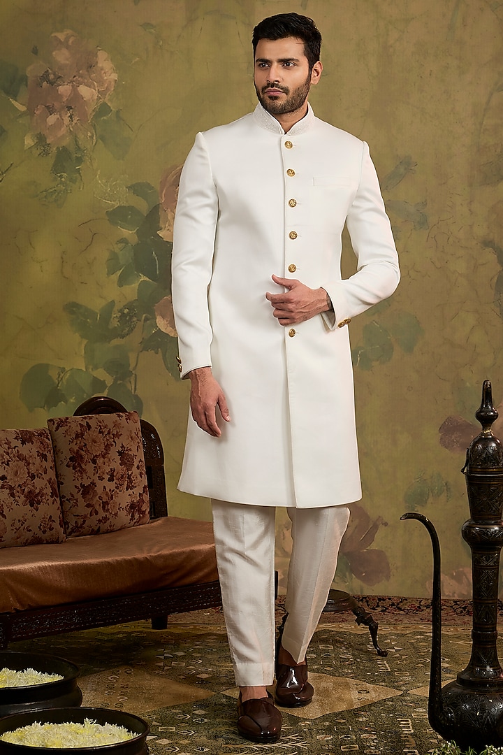 Ivory Satin Suede Embroidered Sherwani Set by Vanshik