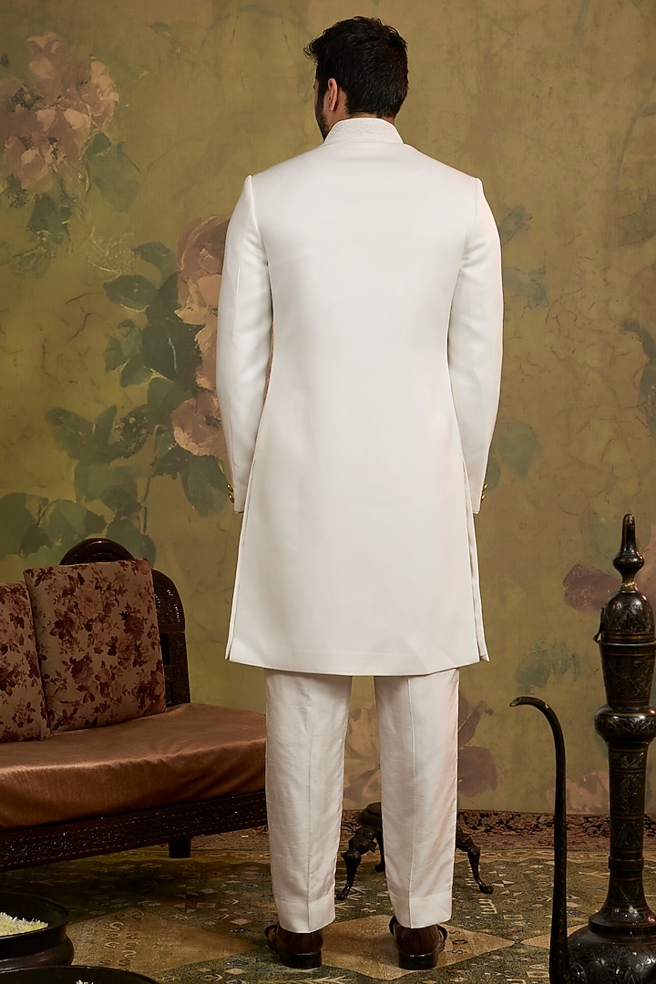 Ivory Satin Suede Embroidered Wedding Sherwani Set by Vanshik at Pernia's Pop Up Shop