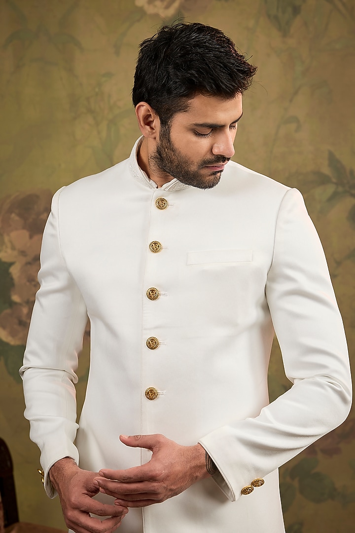 Ivory Satin Suede Embroidered Wedding Sherwani Set by Vanshik at Pernia's Pop Up Shop