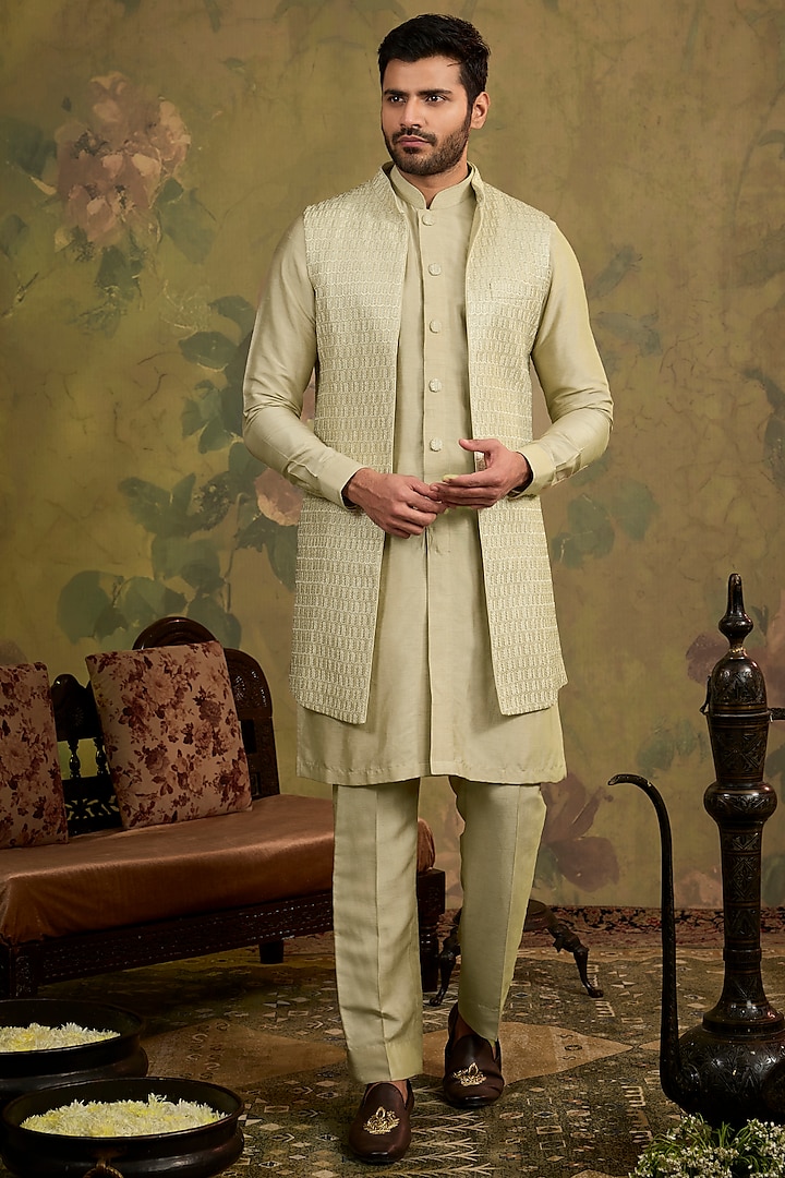 Mint Silk Zari Indowestern Set by Vanshik