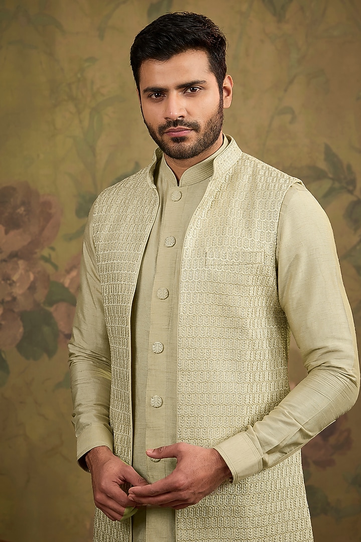 Mint Silk Zari Indowestern Set by Vanshik at Pernia's Pop Up Shop