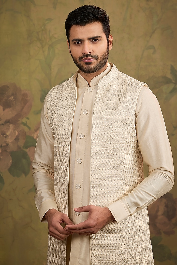 Pearl-Toned Silk Zari Indowestern Set by Vanshik at Pernia's Pop Up Shop