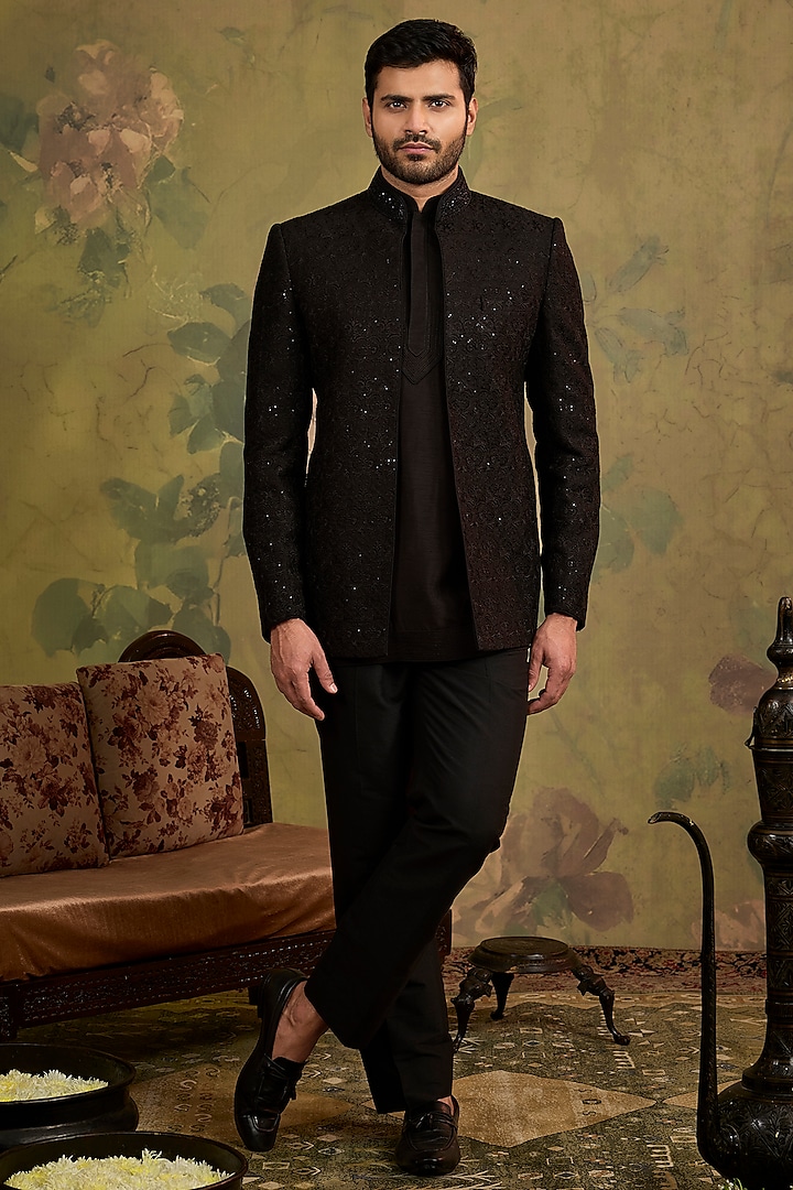 Black Silk Embroidered Open-Jacket Set by Vanshik