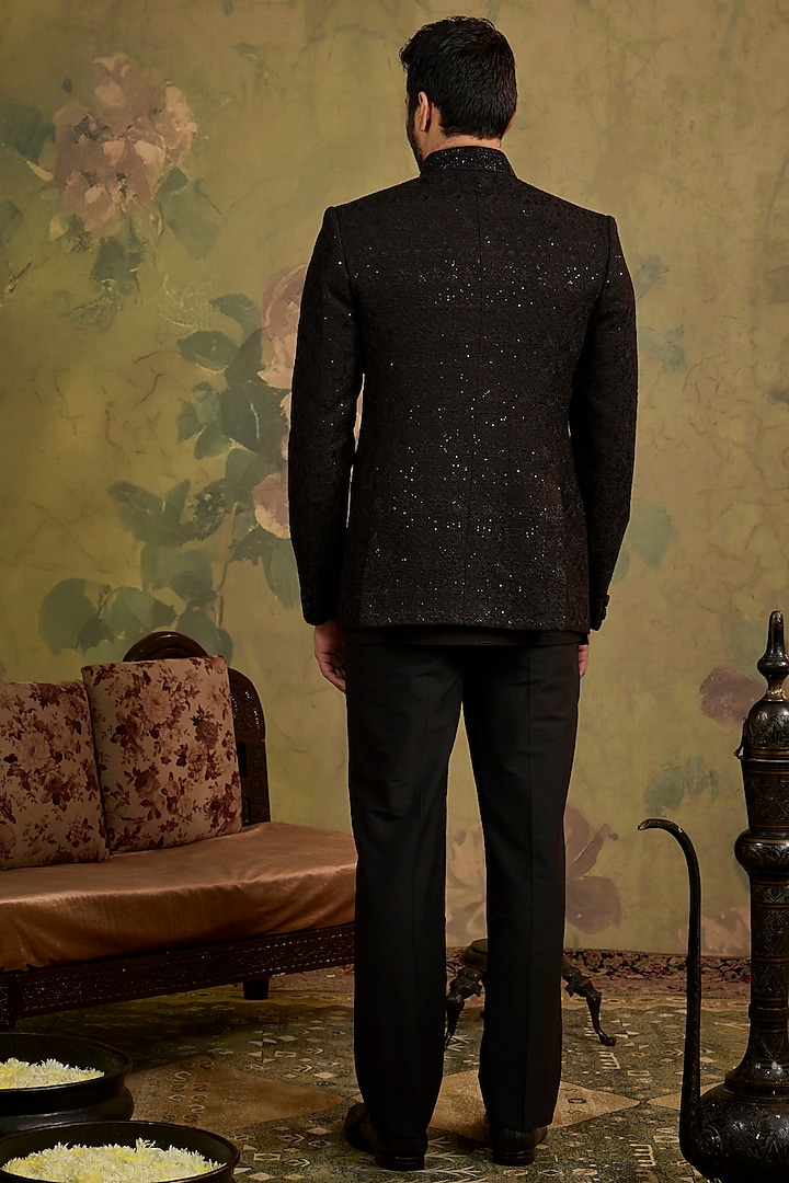 Black Silk Embroidered Open-Jacket Set by Vanshik at Pernia's Pop Up Shop