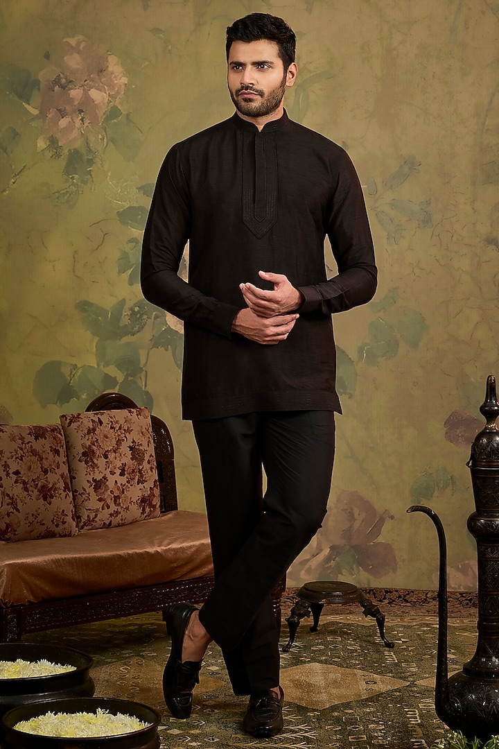 Black Silk Embroidered Open-Jacket Set by Vanshik at Pernia's Pop Up Shop