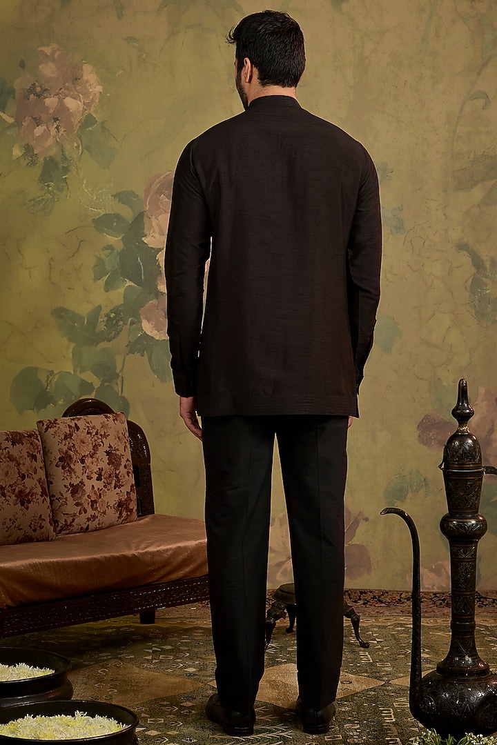 Black Silk Embroidered Open-Jacket Set by Vanshik at Pernia's Pop Up Shop