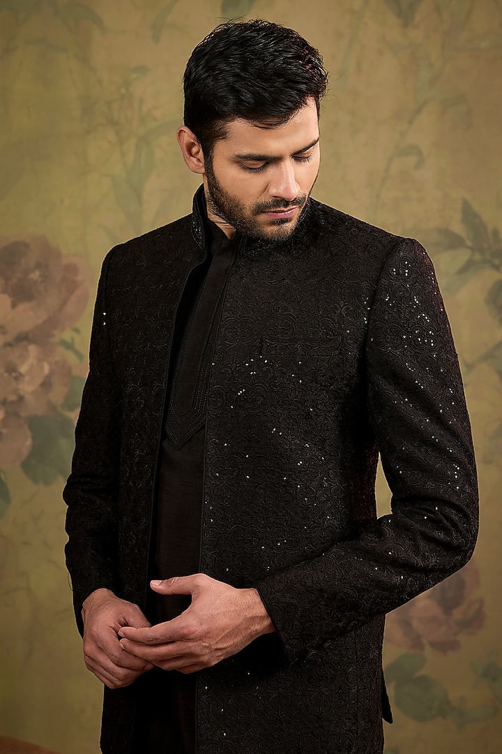 Black Silk Embroidered Open-Jacket Set by Vanshik at Pernia's Pop Up Shop