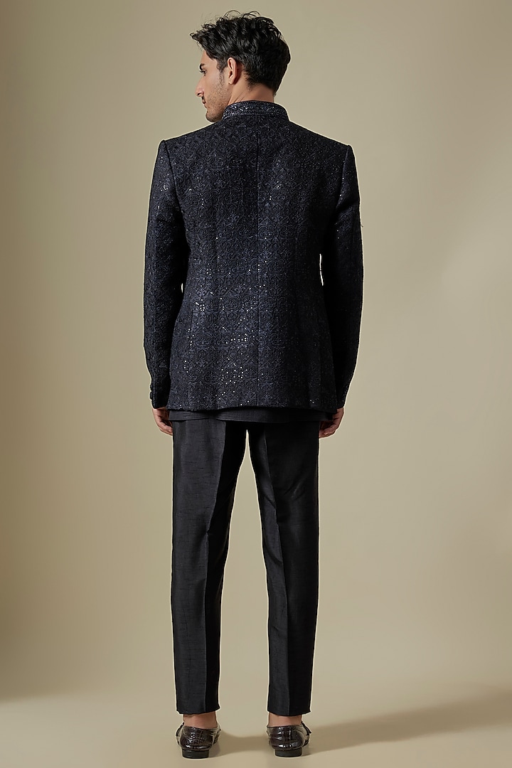 Blue Silk Self Embroidered Open Wedding Indowestern Jacket Set by Vanshik at Pernia's Pop Up Shop