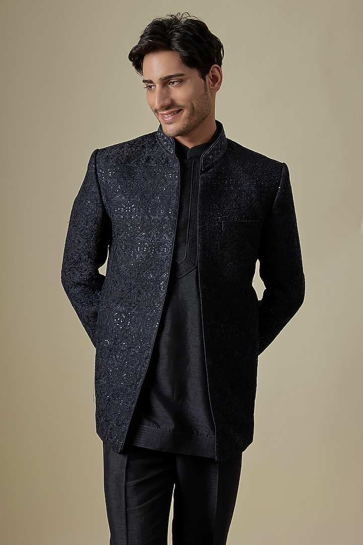 Blue Silk Self Embroidered Open Wedding Indowestern Jacket Set by Vanshik at Pernia's Pop Up Shop