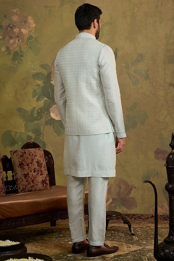 Aqua Silk Embroidered Bundi Jacket Set by Vanshik at Pernia's Pop Up Shop