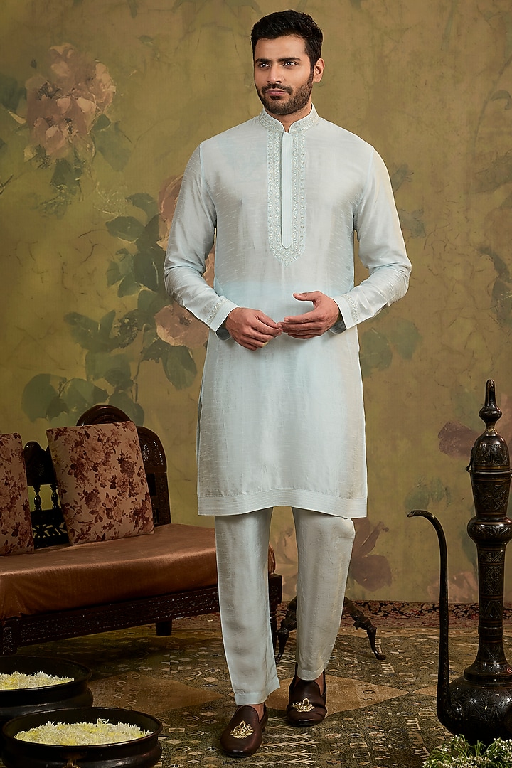 Aqua Silk Embroidered Bundi Jacket Set by Vanshik at Pernia's Pop Up Shop