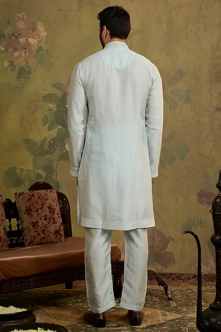 Aqua Silk Embroidered Bundi Jacket Set by Vanshik at Pernia's Pop Up Shop