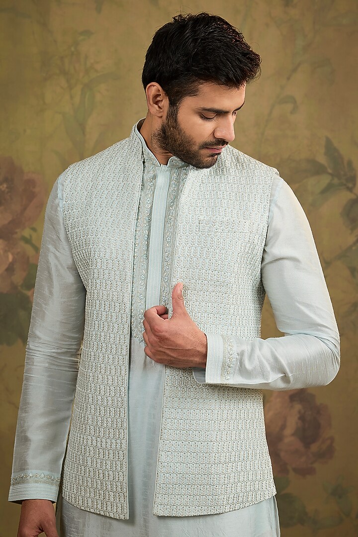 Aqua Silk Embroidered Bundi Jacket Set by Vanshik at Pernia's Pop Up Shop