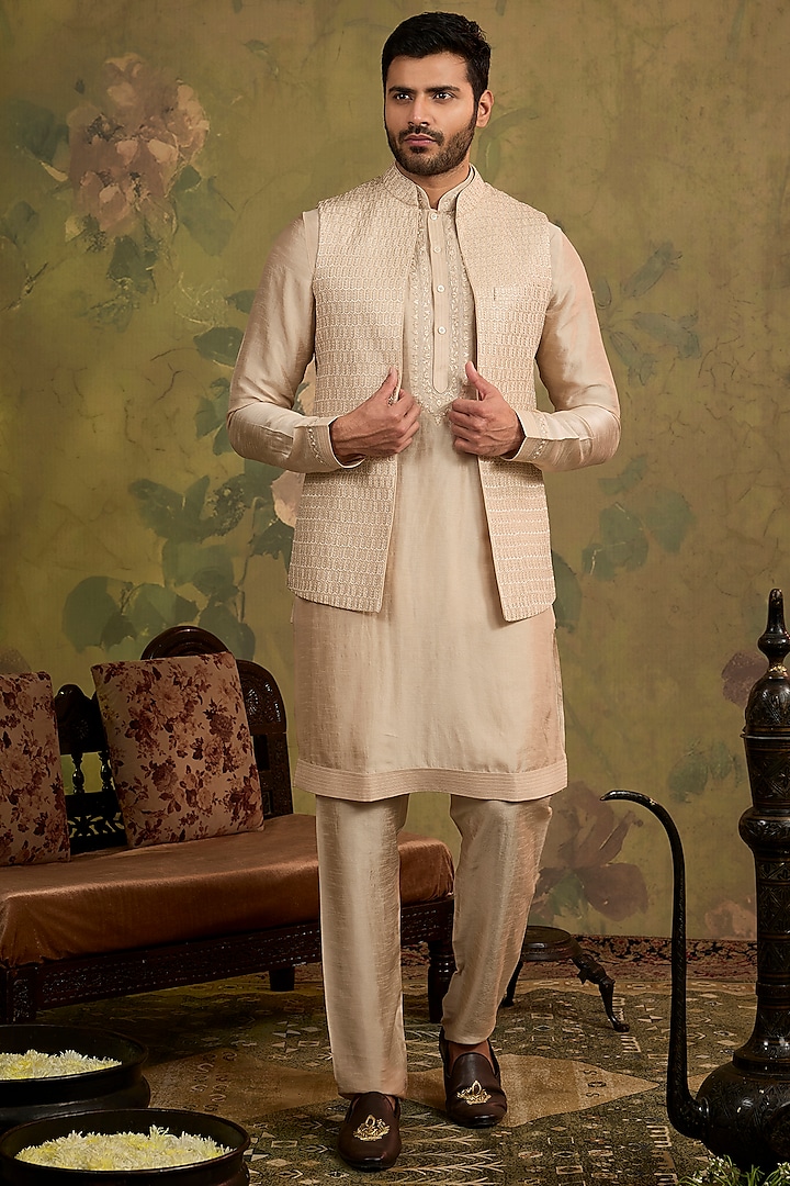 Beige Silk Embroidered Bundi Jacket Set by Vanshik