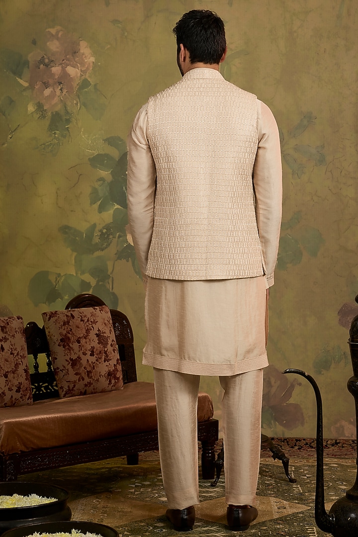 Beige Silk Embroidered Bundi Jacket Set by Vanshik at Pernia's Pop Up Shop