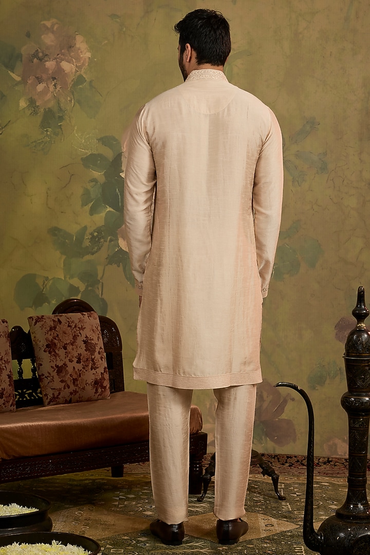 Beige Silk Embroidered Bundi Jacket Set by Vanshik at Pernia's Pop Up Shop