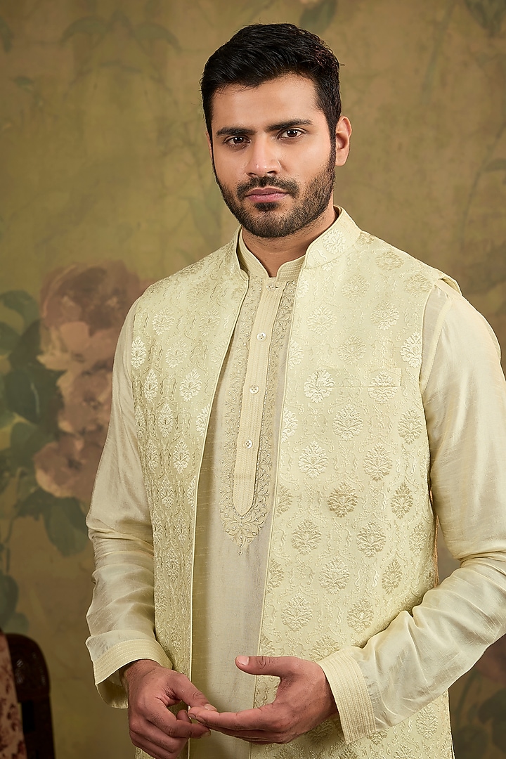 Mint Silk Embroidered Bundi Jacket Set by Vanshik at Pernia's Pop Up Shop