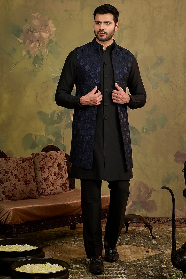 Blue Silk Embroidered Indowestern Jacket Set by Vanshik