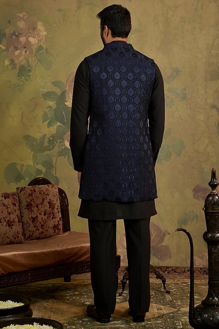 Blue Silk Embroidered Indowestern Jacket Set by Vanshik at Pernia's Pop Up Shop