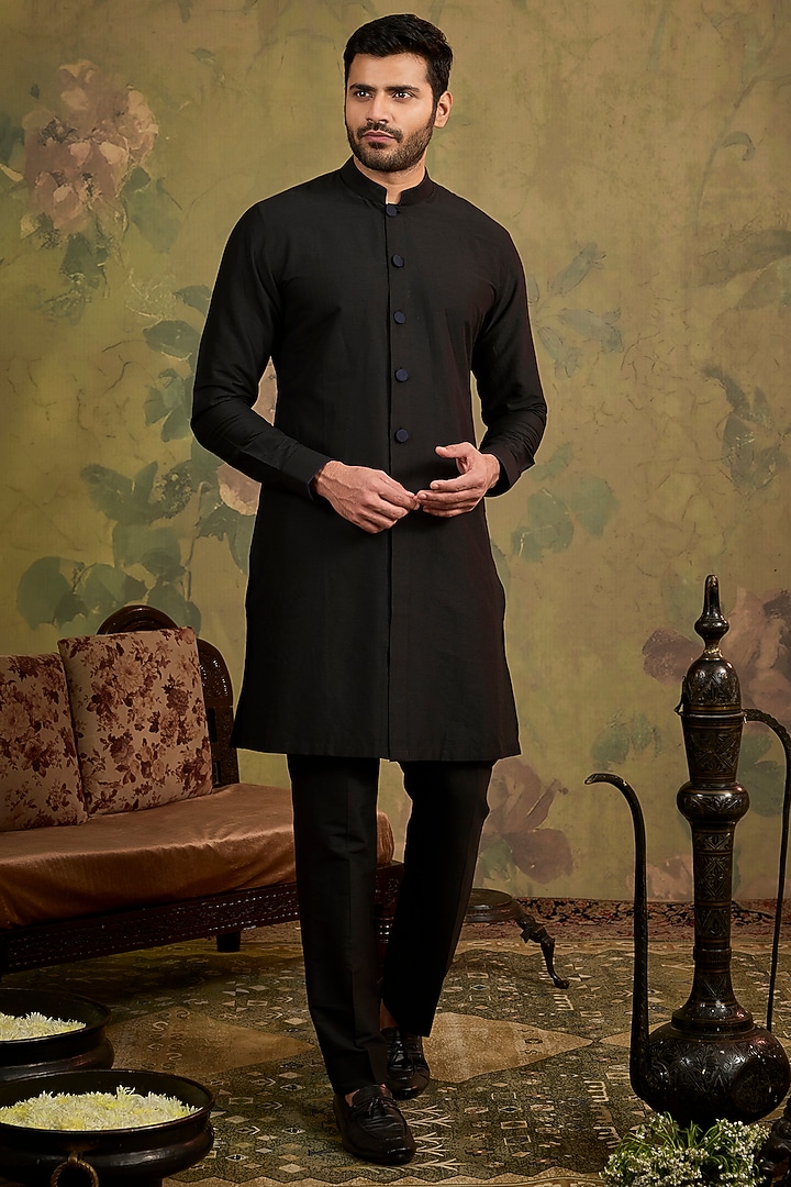 Blue Silk Embroidered Indowestern Jacket Set by Vanshik at Pernia's Pop Up Shop