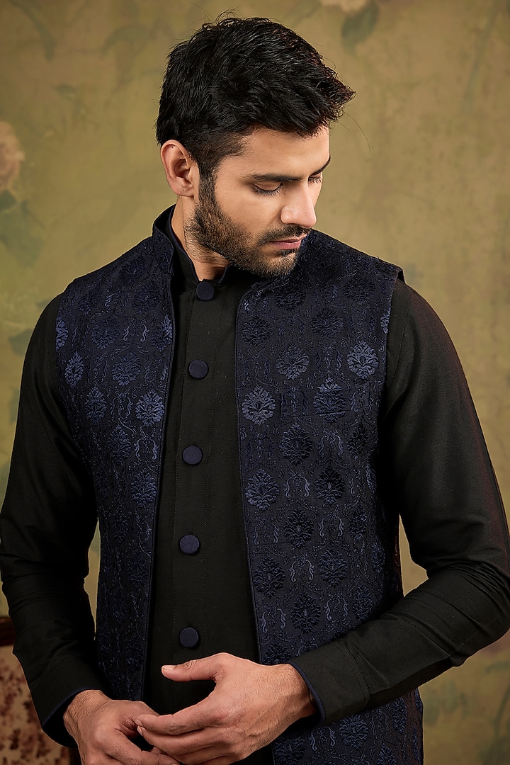Blue Silk Embroidered Indowestern Jacket Set by Vanshik at Pernia's Pop Up Shop