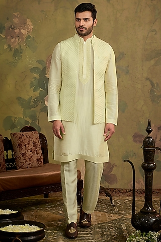 Mint Silk Embroidered Bundi Jacket Set by Vanshik