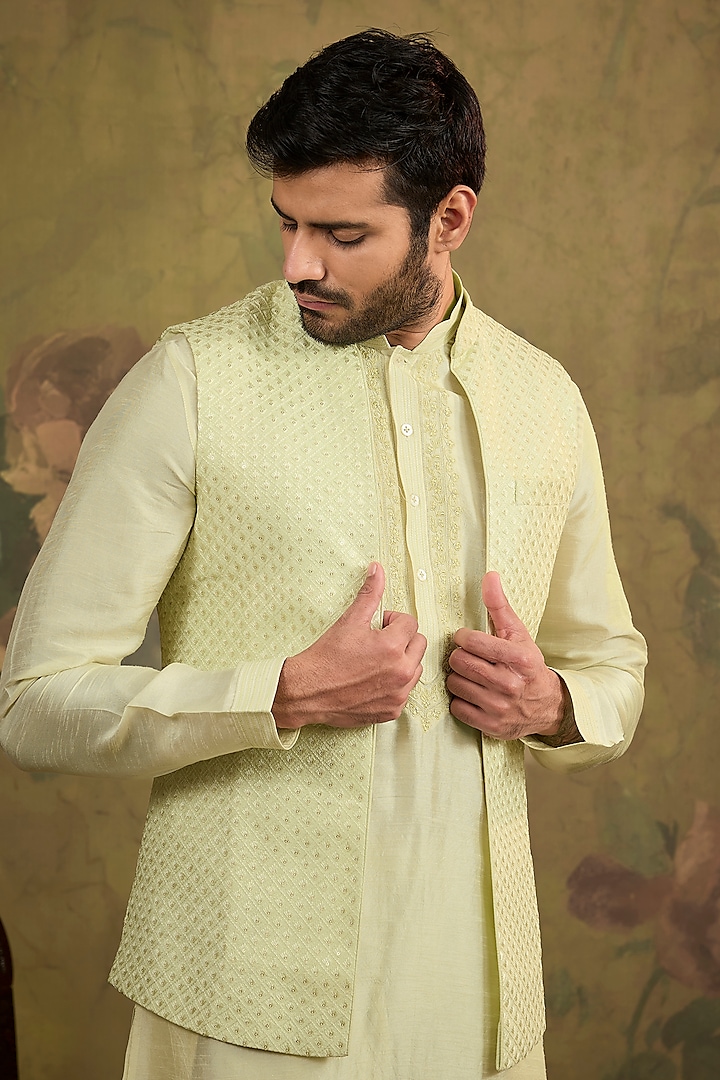 Mint Silk Embroidered Bundi Jacket Set by Vanshik at Pernia's Pop Up Shop