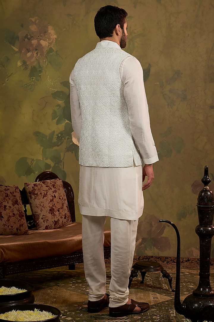 Aqua Silk Embroidered Bundi Jacket Set by Vanshik at Pernia's Pop Up Shop