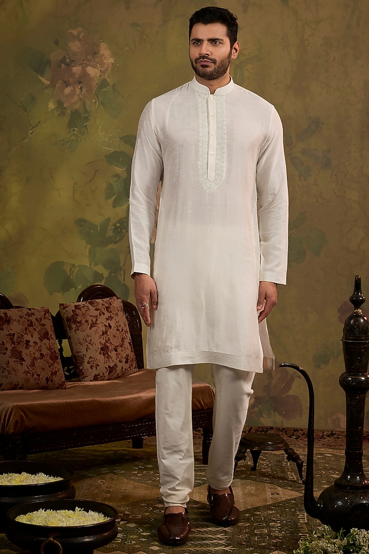Aqua Silk Embroidered Bundi Jacket Set by Vanshik at Pernia's Pop Up Shop