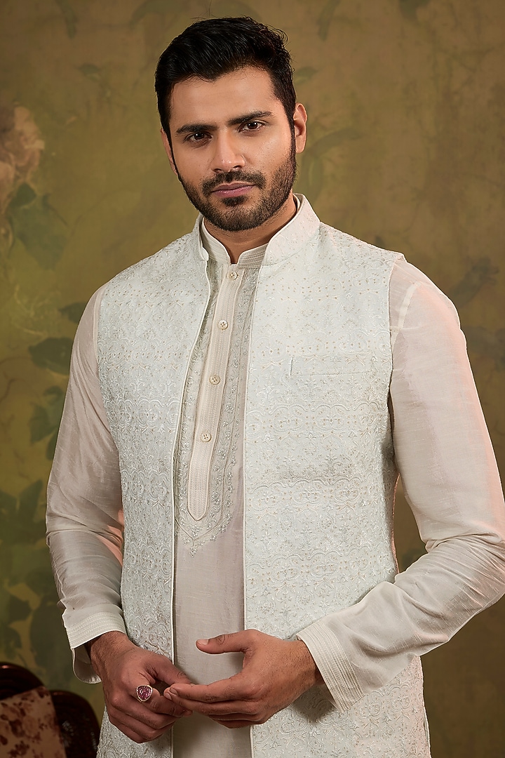 Aqua Silk Embroidered Bundi Jacket Set by Vanshik at Pernia's Pop Up Shop