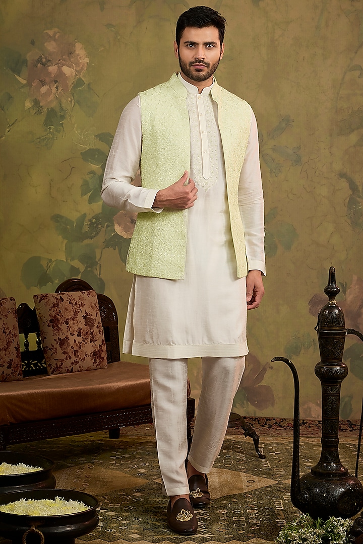 Mint Silk Embroidered Bundi Jacket Set by Vanshik