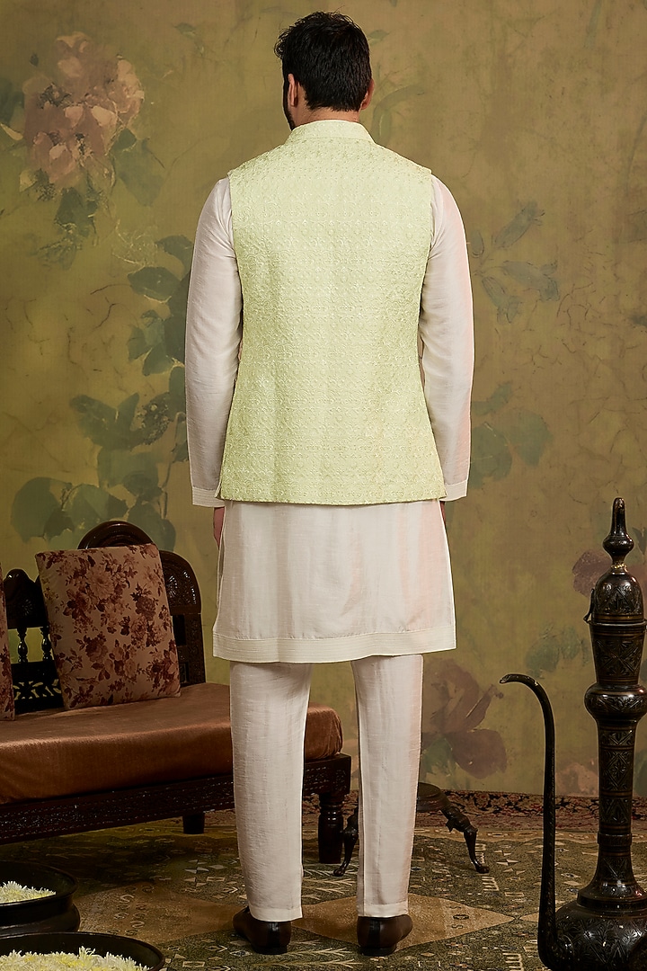 Mint Silk Embroidered Bundi Jacket Set by Vanshik at Pernia's Pop Up Shop