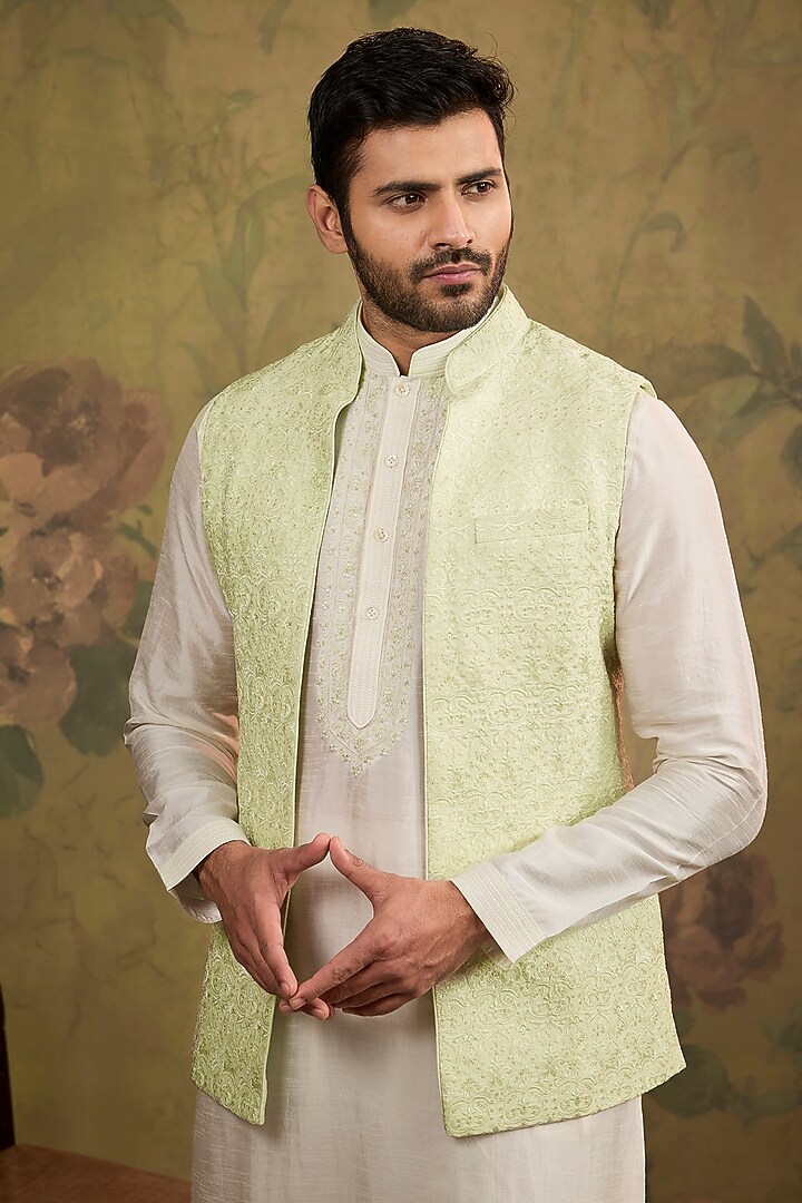 Mint Silk Embroidered Bundi Jacket Set by Vanshik at Pernia's Pop Up Shop