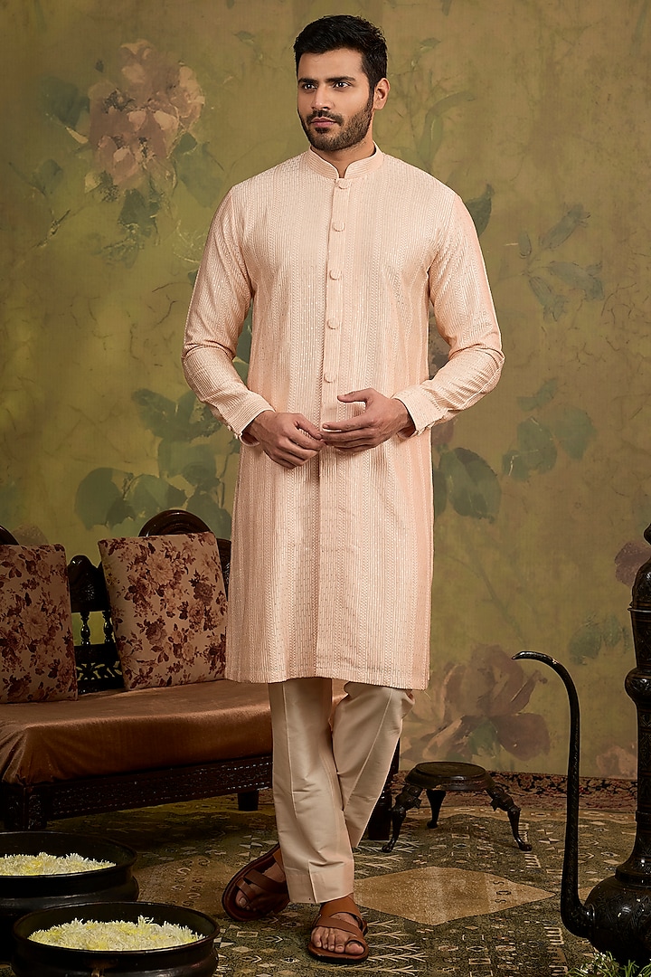 Peach Soft Silk Embroidered Kurta Set by Vanshik at Pernia's Pop Up Shop