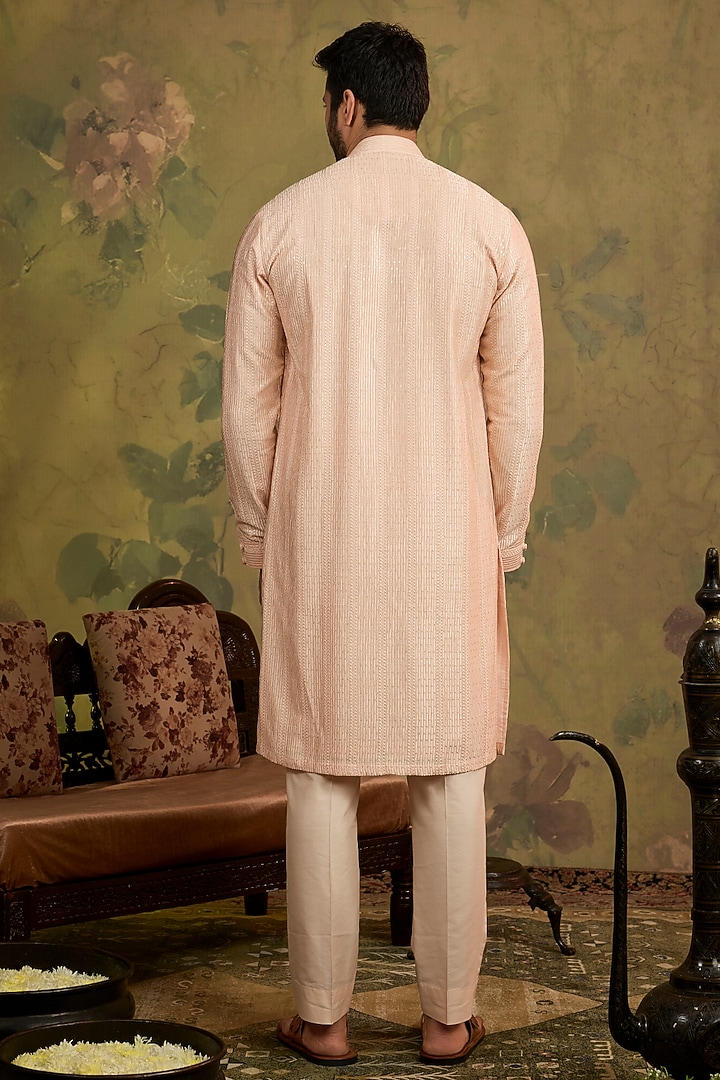 Peach Soft Silk Embroidered Kurta Set by Vanshik at Pernia's Pop Up Shop