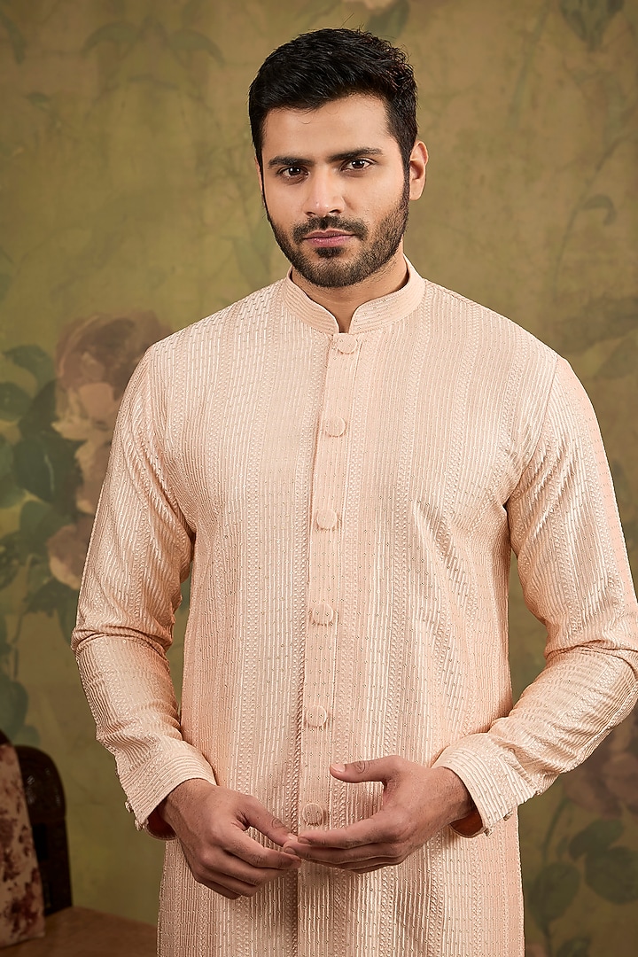 Peach Soft Silk Embroidered Kurta Set by Vanshik at Pernia's Pop Up Shop